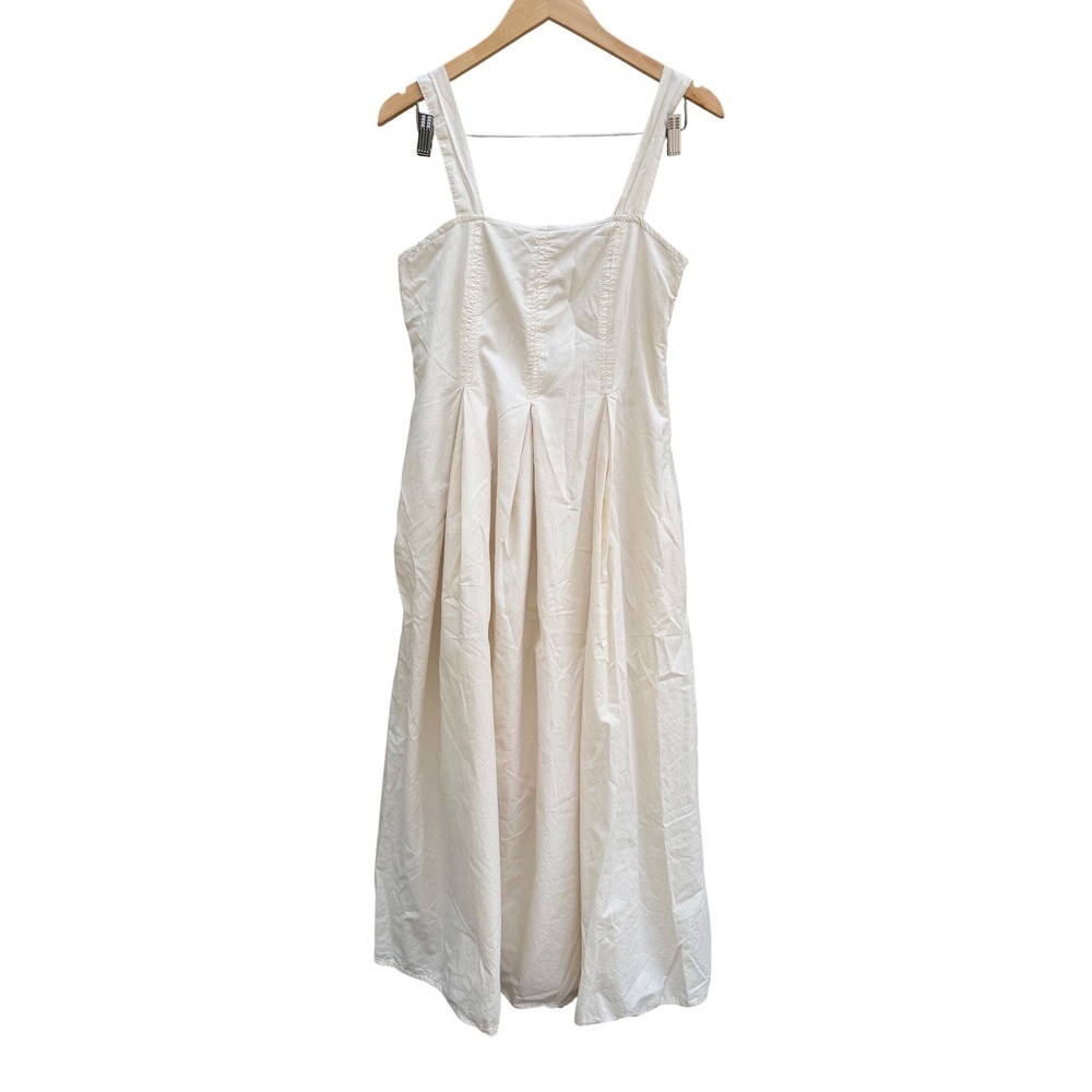 Vintage Linea Moda Cream Cotton Pleated Midi Sundress Pockets Large